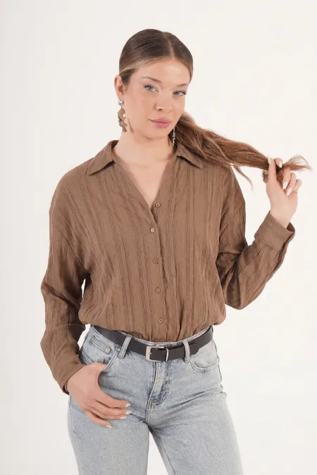 V Yaka Drapeli Camel Toptan Gömlek