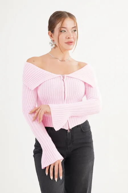 Madonna Yaka Full Fermuarlı Toptan Pembe Triko Bluz