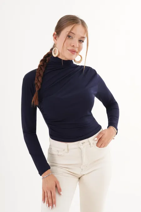 Omuz Ve Bel Büzgülü Dik Yaka Toptan Lacivert Bluz