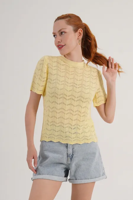 Örgü Model Kısa Kol Toptan Sarı Triko Bluz
