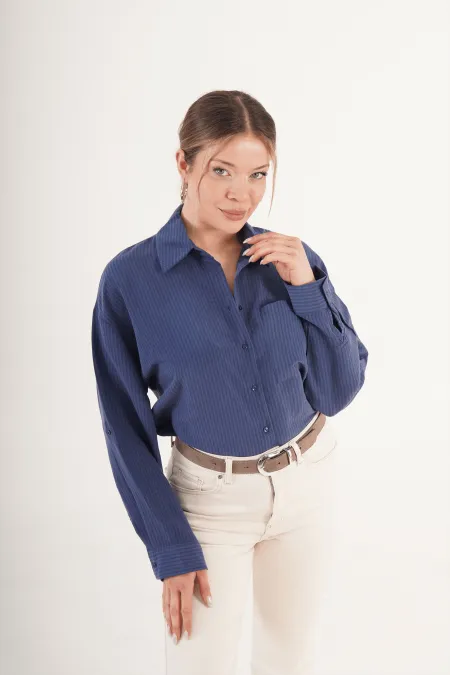 Çizgili Dökümlü Toptan İndigo Gömlek