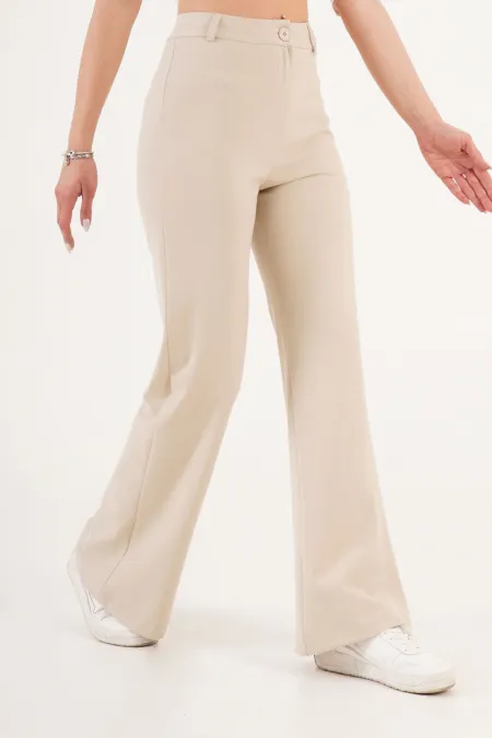 Yüksek Bel Tek Düğme Krem Pantolon