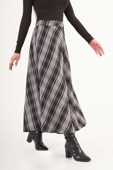 Kareli Yüksek Bel Trend Gri Toptan Etek