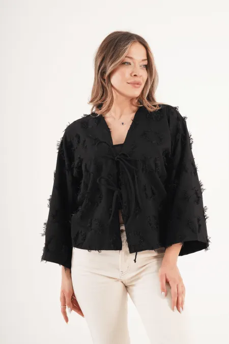 Saçaklı İp Bağlamalı Toptan Siyah Kimono