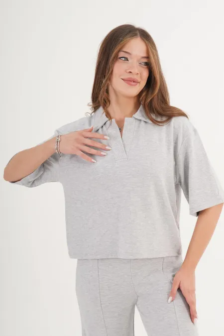 Gömlek Yaka Kısa Kol Gri Toptan Bluz