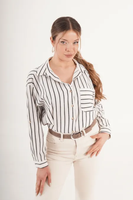 Keten Siyah Çizgili Cepli Dökümlü Toptan Gömlek