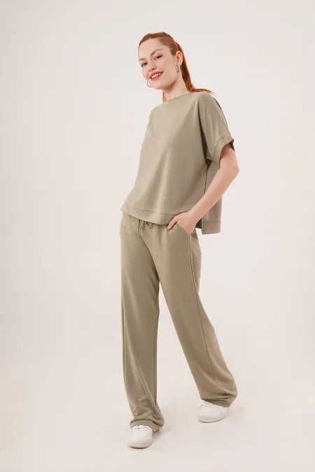 Modal Kısa Kollu Üst Ve Geniş Paça Eşofman İkili Toptan Yağ Yeşili Takım