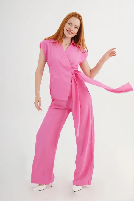 Kruvaze Gömlek Bluz Ve Pantolon Toptan Fuşya Takım