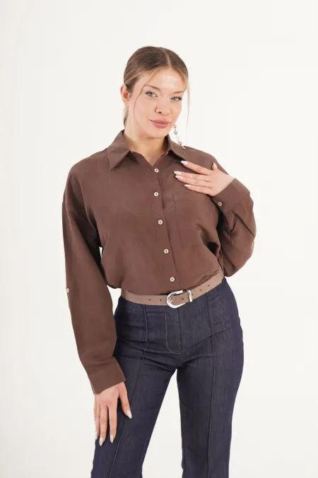 Minimal Soft Çizgili Kahve Toptan Gömlek