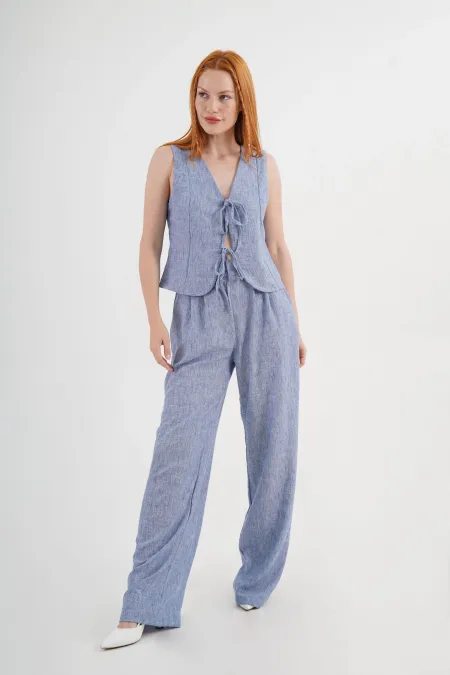 Ön Bağlama Detaylı Yelek Ve Pantolon İndigo Toptan İkili Takım