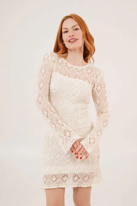 Ajurlu Kayık Yaka Toptan Ekru Elbise