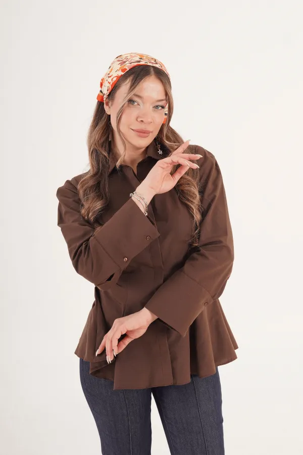 Peplum Bel Oturtmalı Poplin Kahve Toptan Gömlek