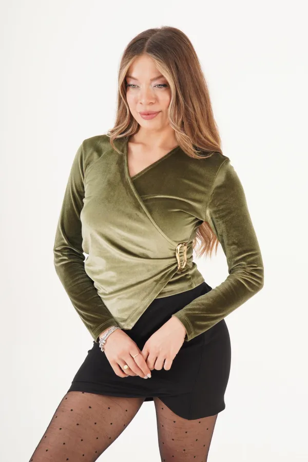 Yandan Tokalı Kadife Haki Toptan Bluz