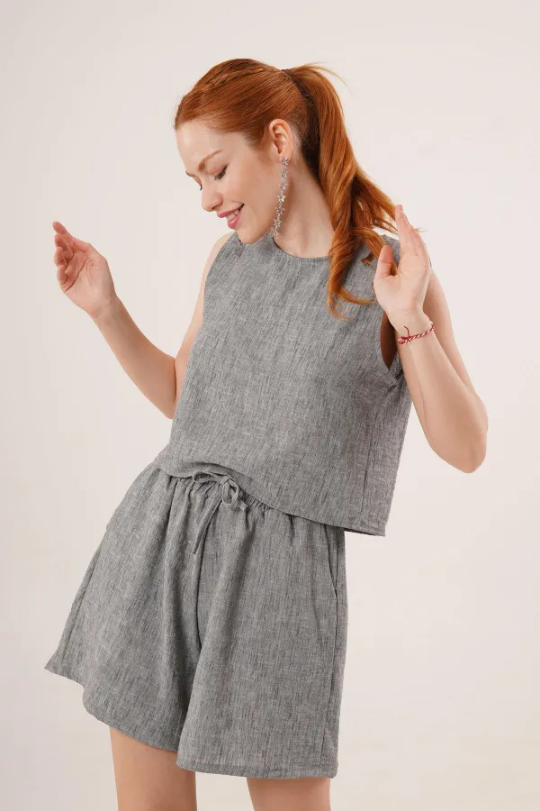 Arkası Düğme Detaylı Bluz Ve Cepli Şort İkili Toptan Antrasit Takım