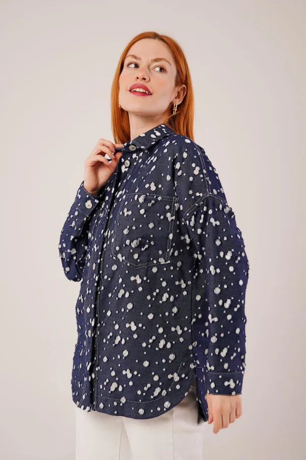 Eskitme Görünümlü Denim Toptan Mavi Gömlek