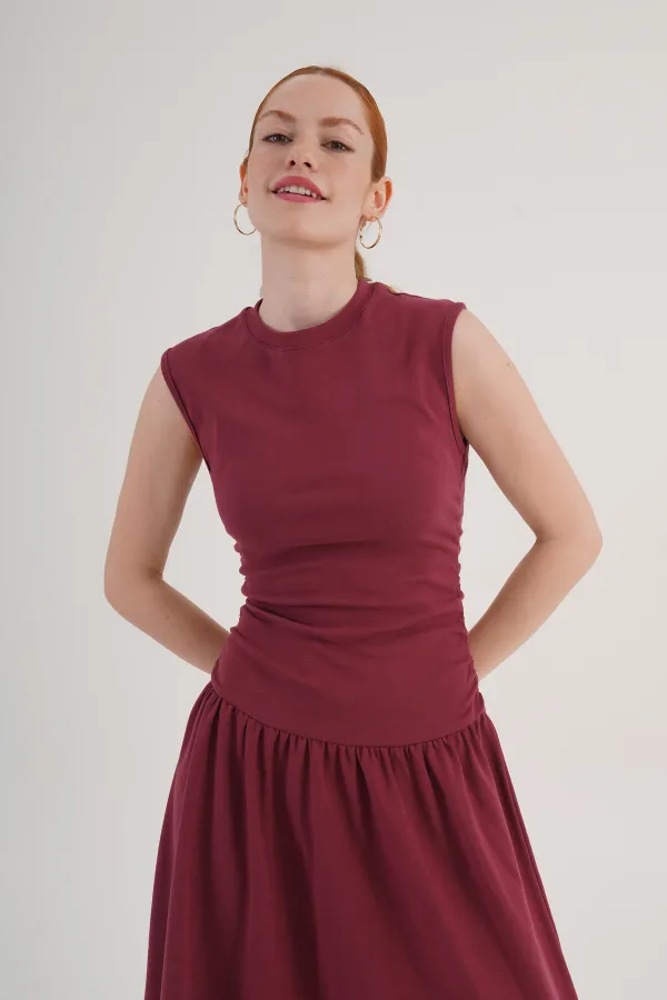 Beli Büzgülü Bordo Toptan Elbise