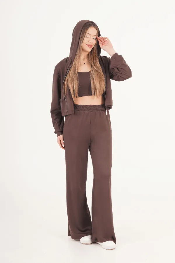 Modal Hırka Pantolon Crop Kahve Toptan Üçlü Takım