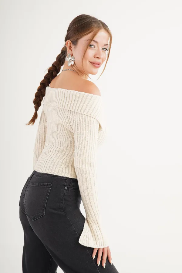 Madonna Yaka Full Fermuarlı Toptan Taş Triko Bluz