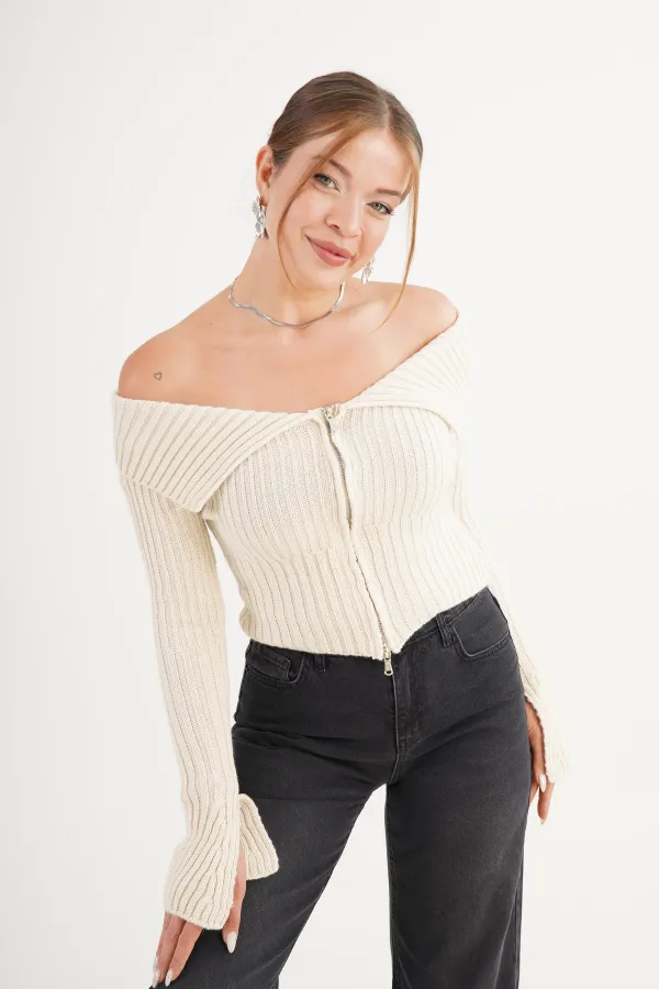 Madonna Yaka Full Fermuarlı Toptan Taş Triko Bluz