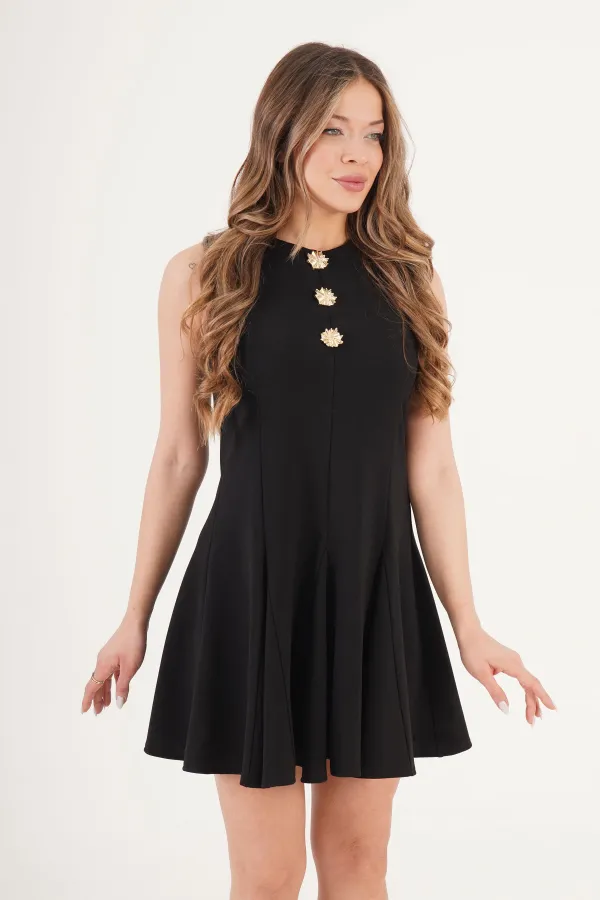 Pilili Kloş Kesim Gold Detay Siyah Toptan Elbise