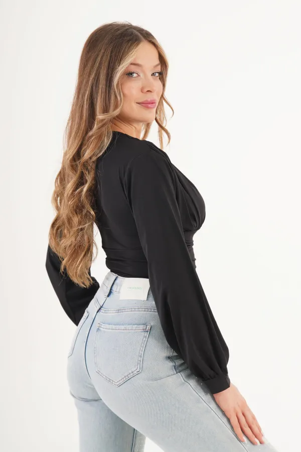 Göğüs Drapeli V Yaka Siyah Toptan Bluz