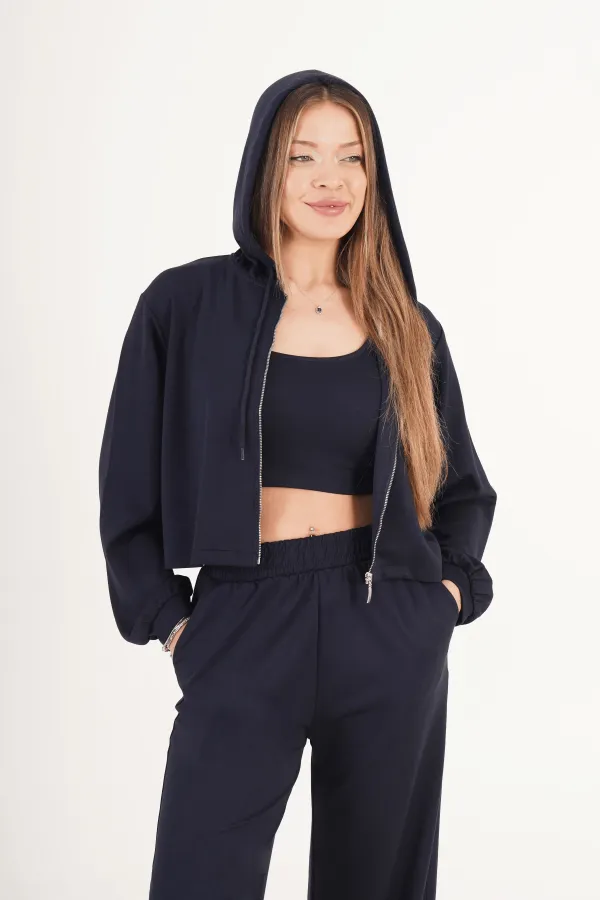 Modal Hırka Pantolon Crop Lacivert Toptan Üçlü Takım