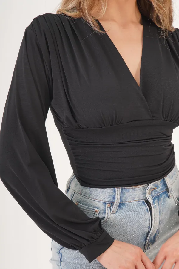 Göğüs Drapeli V Yaka Siyah Toptan Bluz