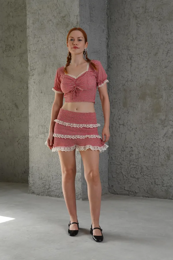 Pötikare Desenli Etek Crop Kırmızı Toptan İkili Takım