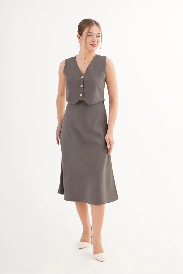 Premium Yelek Ve Etek Antrasit Süet Toptan İkili Takım