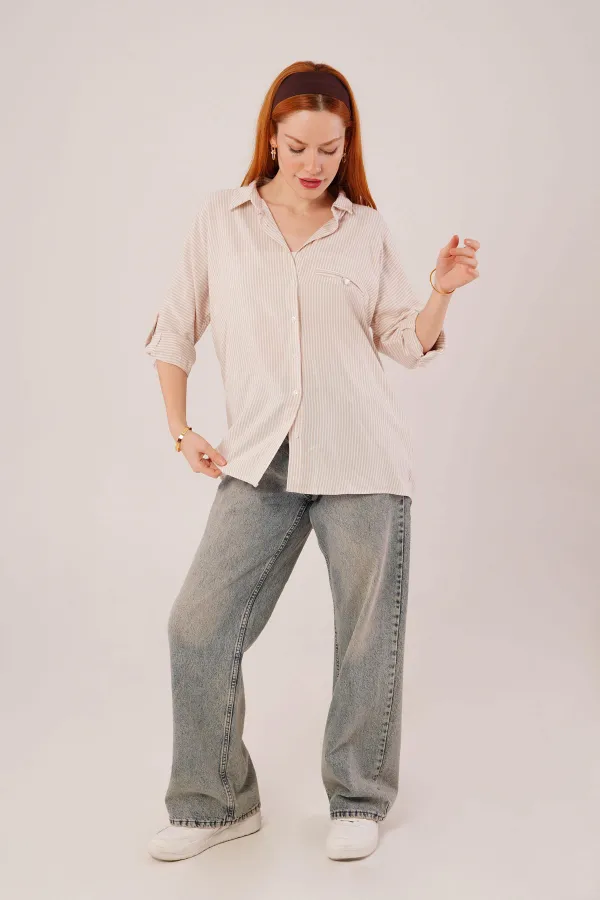 Cep Detay Krem Oversize Çizgili Toptan Gömlek