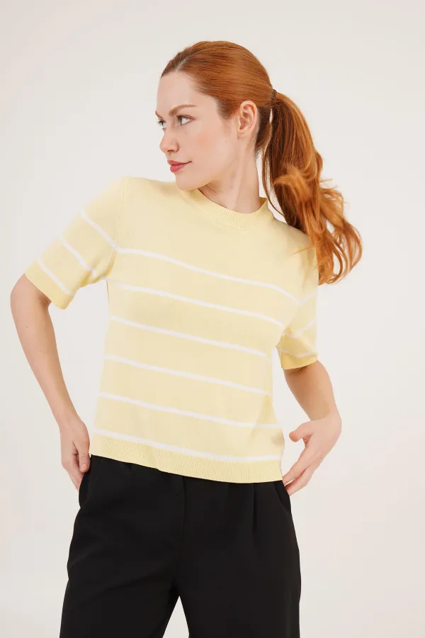 Çizgili Kısa Kol Sarı Toptan Bluz