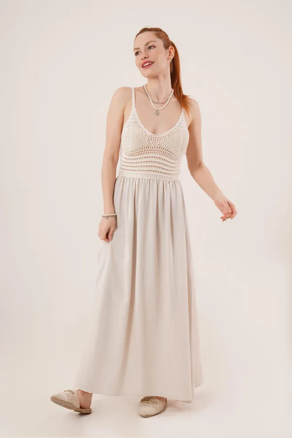 Ajurlu Askılı Belden Oturtmalı Toptan Maxi Krem Elbise