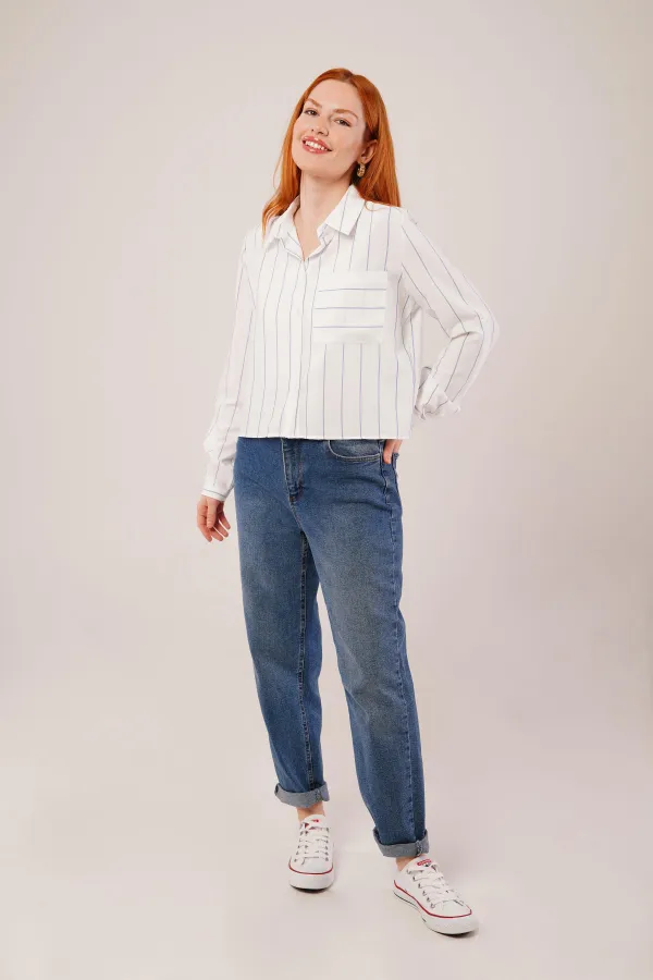 Tek Cepli Mavi Çizgili Toptan Gömlek