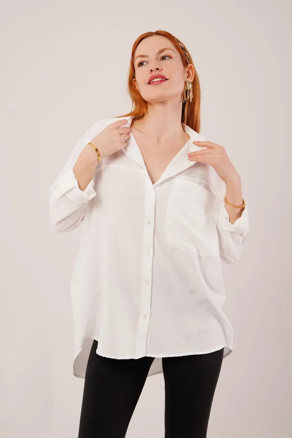 Salaş Kesim Cepli Toptan Beyaz Gömlek