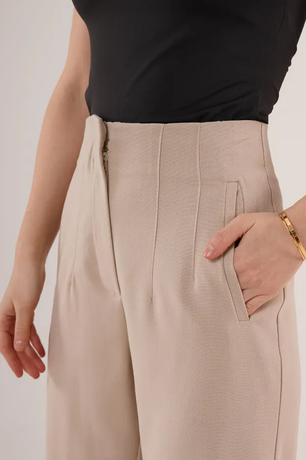 Çift Pens Detaylı Toptan Krem Pantolon