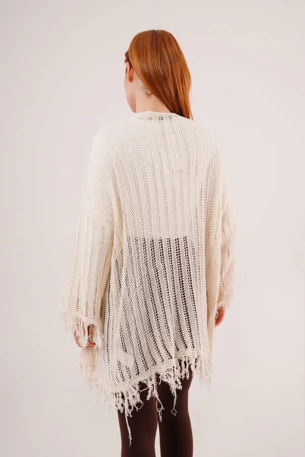 Püskül Detaylı Delikli Model Toptan Krem Hırka