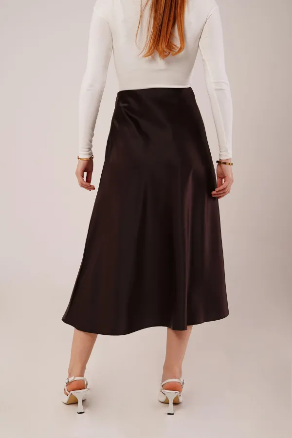 Çan Kesim Midi Kahverengi Toptan Saten Etek