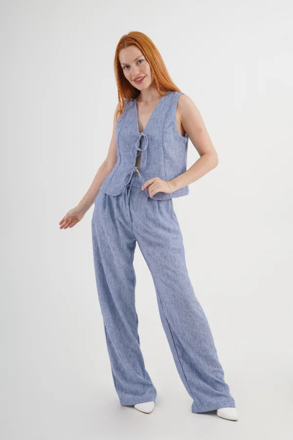 Ön Bağlama Detaylı Yelek Ve Pantolon İndigo Toptan İkili Takım