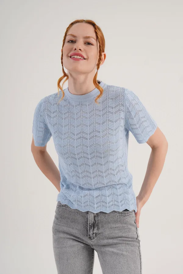 Örgü Model Kısa Kol Toptan Bebe Mavisi Triko Bluz