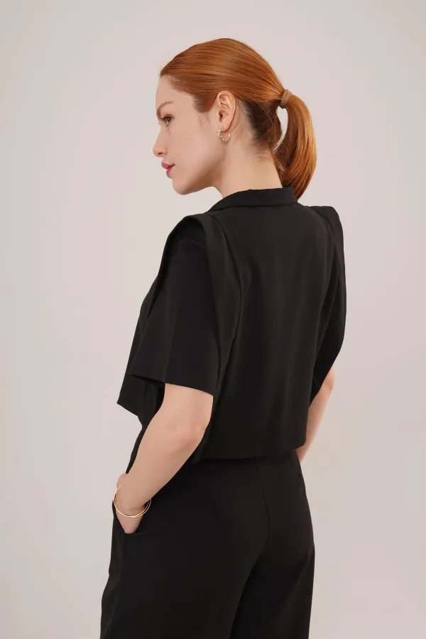 Cepli Düğmeli Bluz Ve Diz Detaylı Pantolon Siyah Toptan İkili Takım