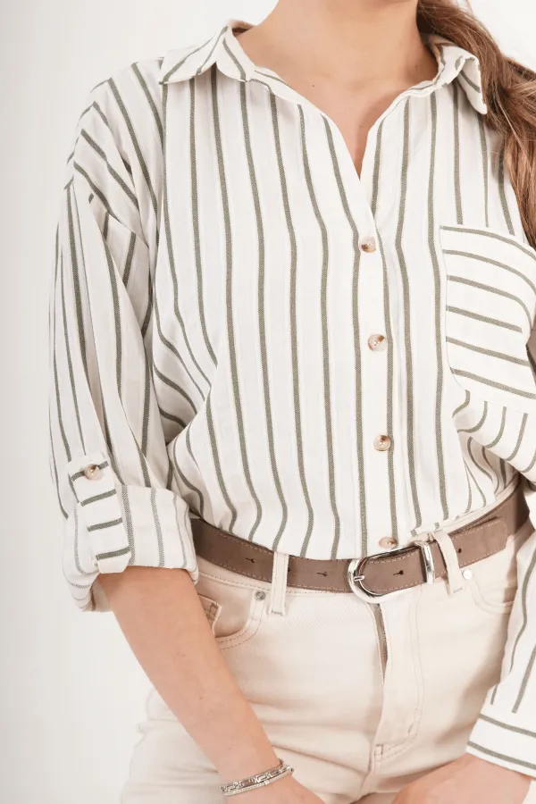 Keten Haki Çizgili Cepli Dökümlü Toptan Gömlek