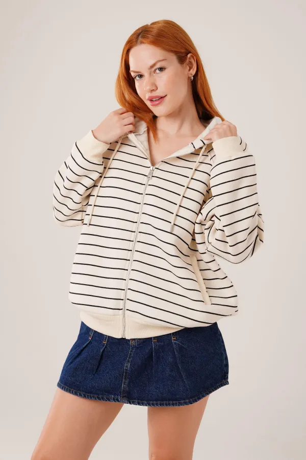 Kapüşonlu Fermuarlı Çizgili Toptan Taş Hırka