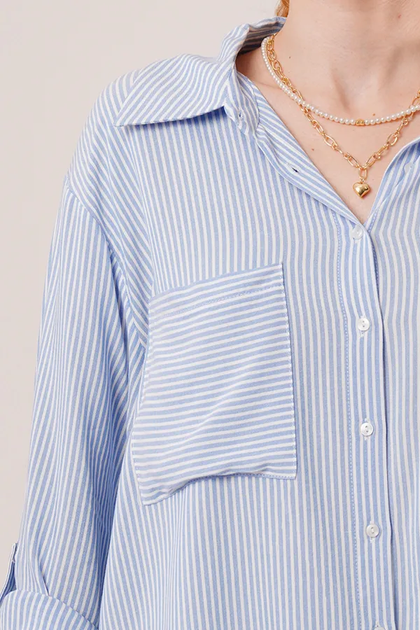 Yarasa Kol Çizgili Cep Detaylı Toptan Mavi Gömlek