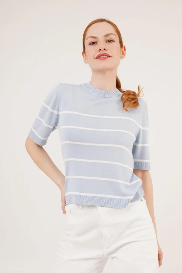 Çizgili Kısa Kol Bebe Mavisi Toptan Bluz
