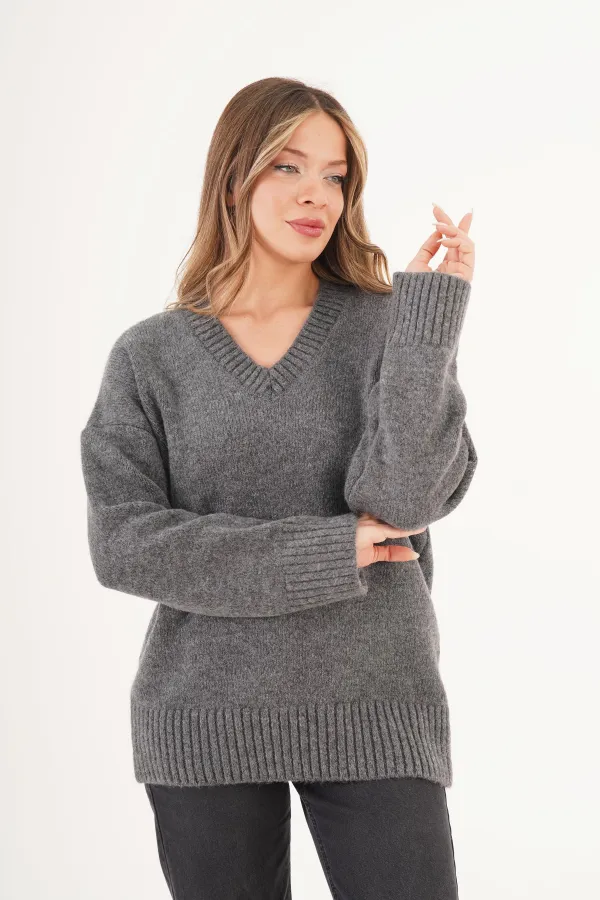 Pull anthracite à col V et côtes épaisses, en gros