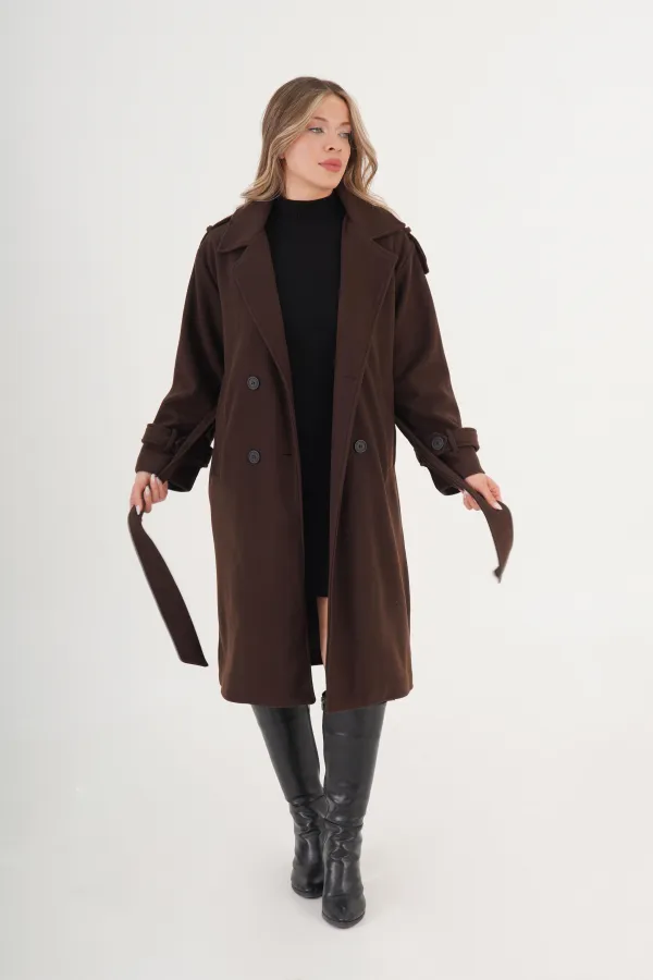 Apolet Detaylı Kuşaklı Toptan Kahve Kaşe Kaban