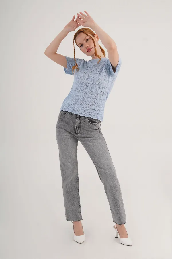 Örgü Model Kısa Kol Toptan Bebe Mavisi Triko Bluz