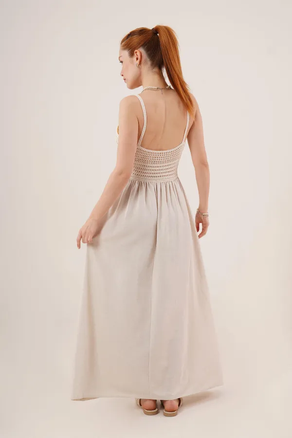 Ajurlu Askılı Belden Oturtmalı Toptan Maxi Krem Elbise