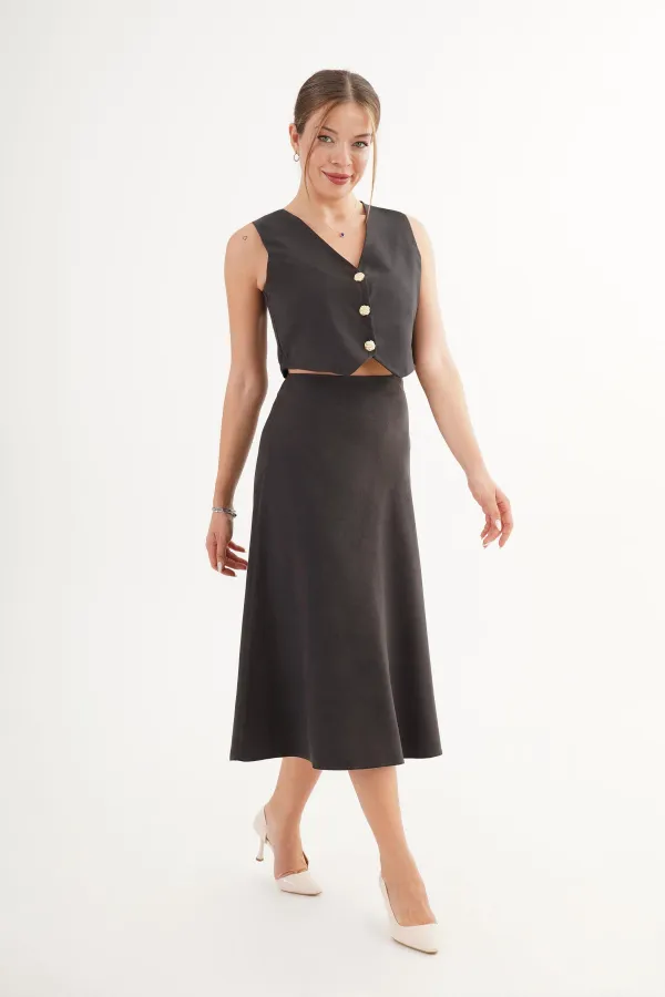 Ensemble gilet et jupe haut de gamme en daim noir, vente en gros