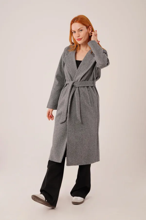 Beli Kuşaklı Astarlı Toptan Antrasit Kaşe Kaban